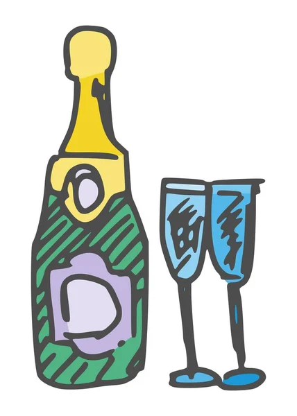 Una Botella Champán Copas Dibujo Simple Para Unas Vacaciones Ilustración — Foto de Stock
