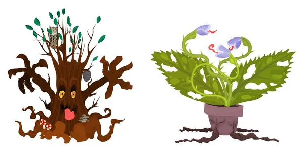 ハロウィンツリーとブッシュの鉢植えのキャラクター フラットスタイル画像ストックイラスト — ストック写真