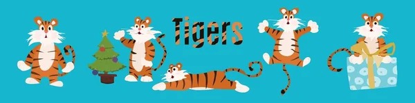 Tigres Brilhantes Compilação Caracteres Simples Ilustração Estoque Imagem Estilo Plano — Fotografia de Stock