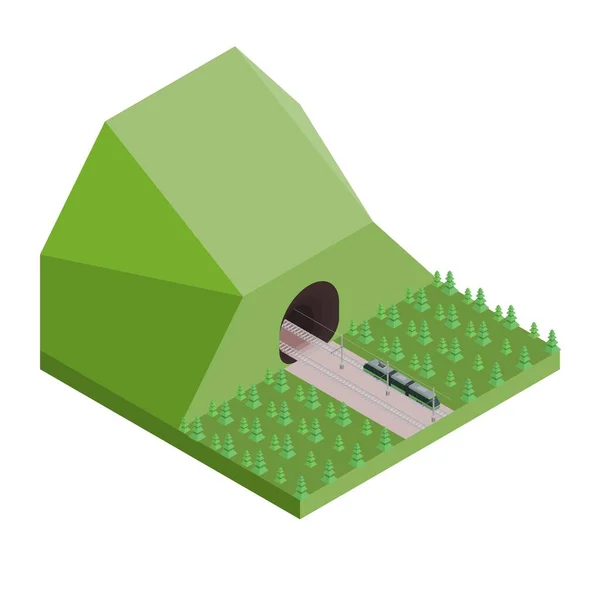 Electric Train Enters Tunnel Mountain Rails Isometric Style Vector Illustration — 图库矢量图片