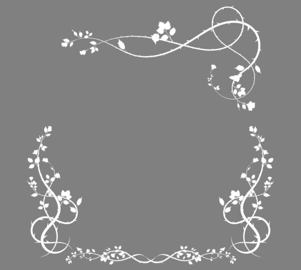 gray background with a frame of roses and weaving stems. scroll style vector illustration