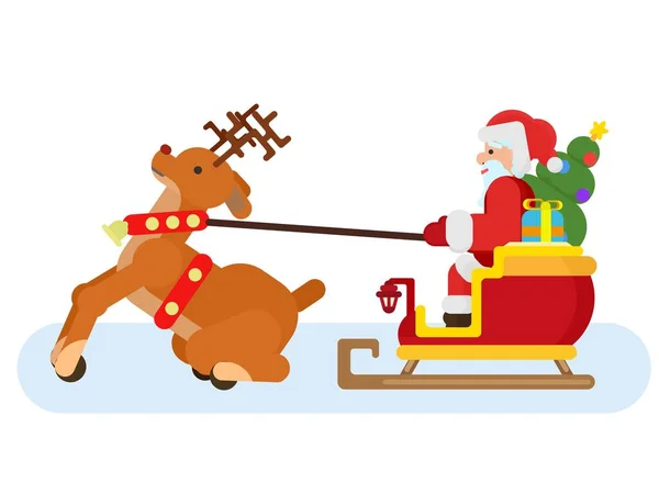 Santa Claus Sleigh Reindeer Rides Snow Flat Style Vector Illustration — Stockvektor