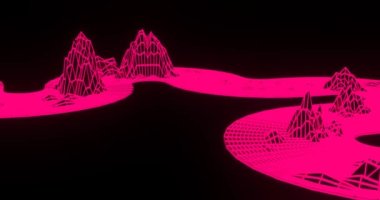 Başka bir dünyadaki pembe neon soyut bilgisayar dağları. video görüntüleri animasyon bilgisayar klibi