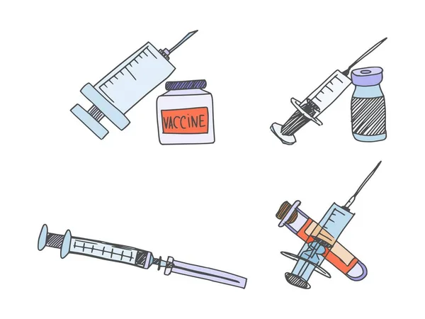 Spritzen Und Impfstoff Vektor Doodle Skizzenbestand — Stockvektor