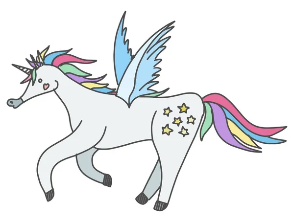 Okřídlený Kůň Jednorožec Letící Bílém Pozadí Stock Vektorový Obrázek — Stockový vektor