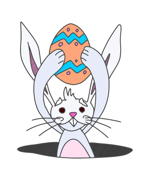 ウサギはぬり絵の卵を持ったままミンクから這い出した ストックベクトル画像 — ストックベクタ