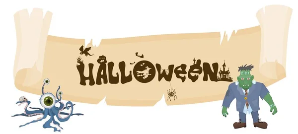 Große Schriftrolle Und Monster Für Halloween Feiertage Cartoon Bildvektor — Stockvektor