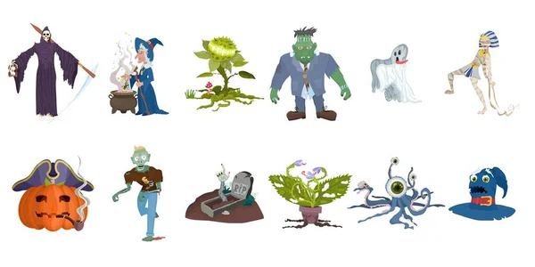 节日万圣节女巫和怪物的大量角色选择 — 图库矢量图片