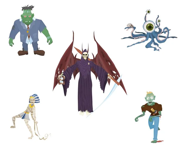 Uma Seleção Personagens Para Feriado Demônios Monstros Halloween —  Vetores de Stock