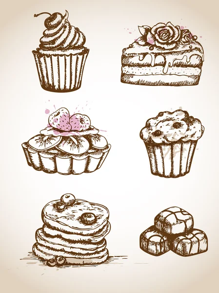 Gâteaux vintage dessinés à la main — Image vectorielle