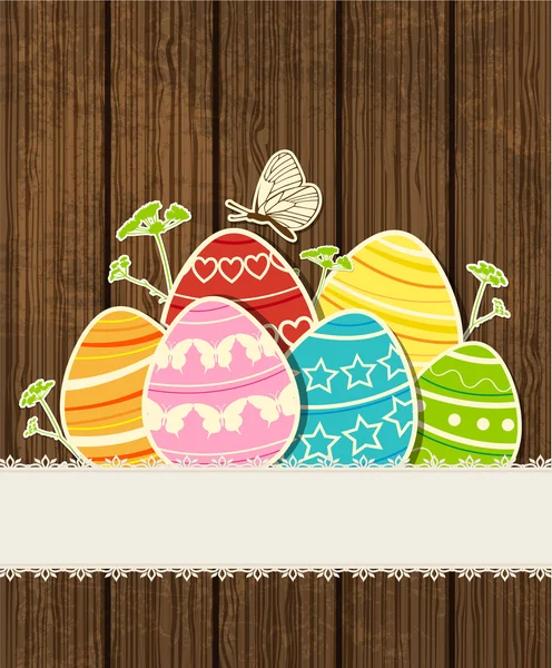 Fondo de madera con huevos de Pascua — Vector de stock