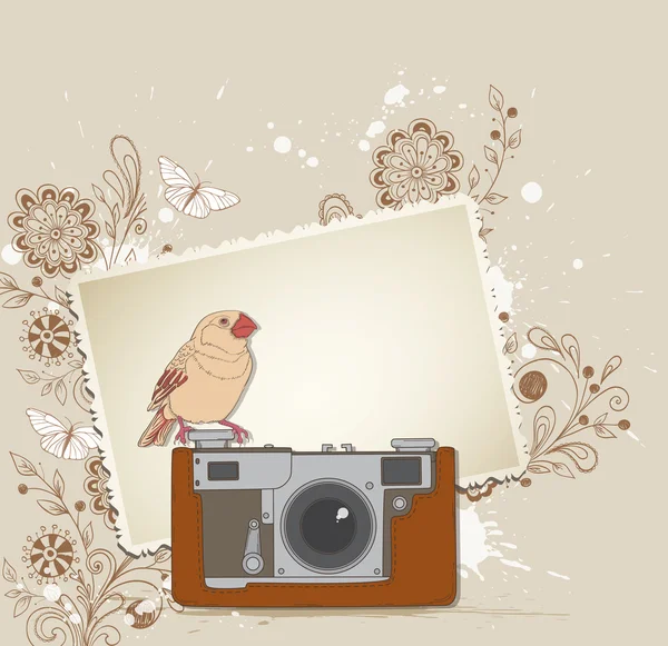 Uccello e vecchia macchina fotografica — Vettoriale Stock