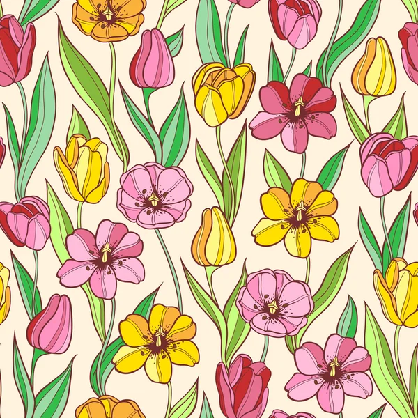 Patroon met rode en gele tulpen — Stockvector