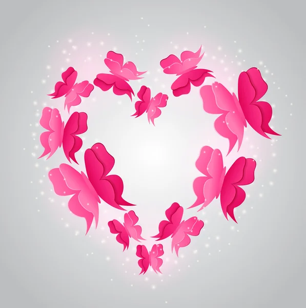 Corazón y mariposas rosadas — Vector de stock