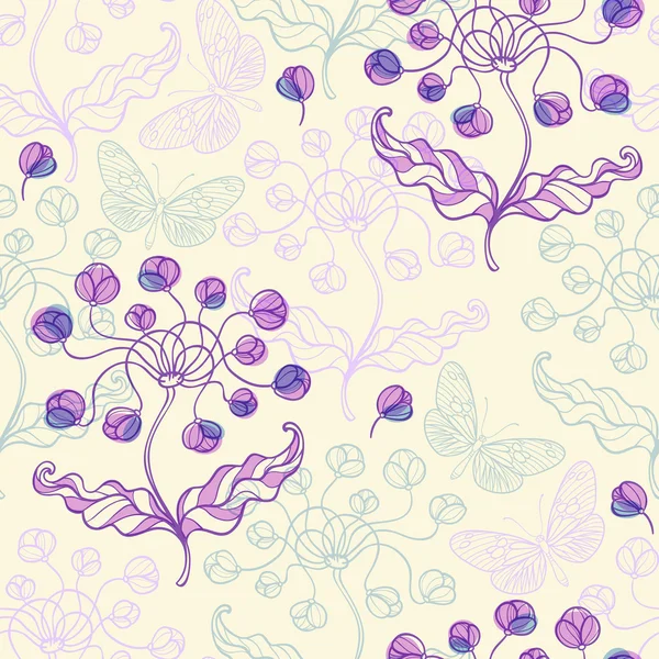 Patroon met violette bloemen en vlinders — Stockvector