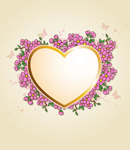 Tarjeta con corazón y flores rosas — Vector de stock