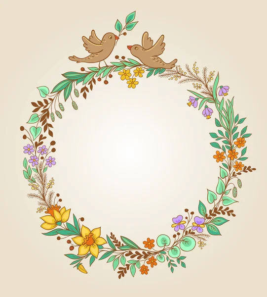 Corona de flores y hojas — Vector de stock