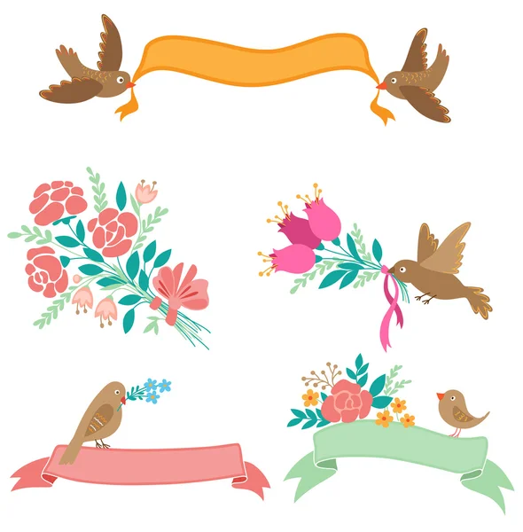 Banners con flores y pájaros — Vector de stock