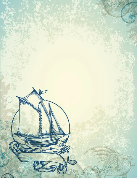 Vintage marine background with ship — Stock Vector