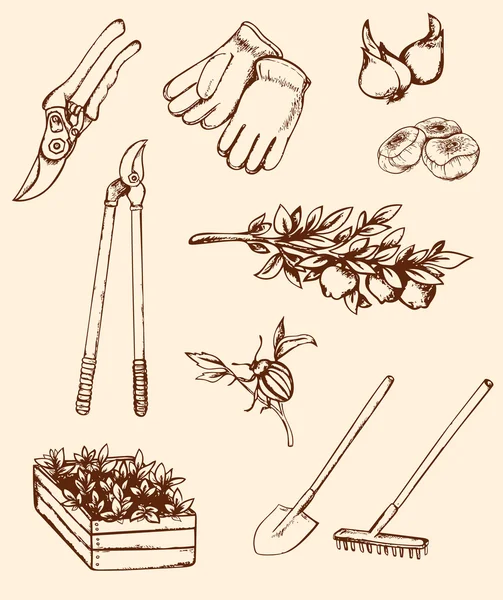 Outils de jardin dessinés à la main — Image vectorielle