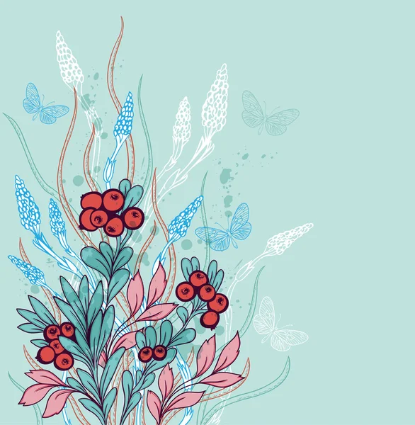 Hintergrund mit Beeren und Schmetterlingen — Stockvektor
