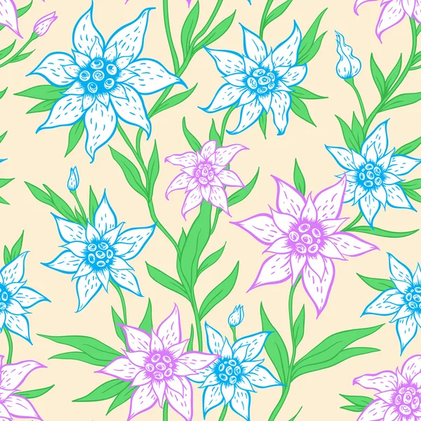 Patroon met blauwe bloemen en bladeren — Stockvector