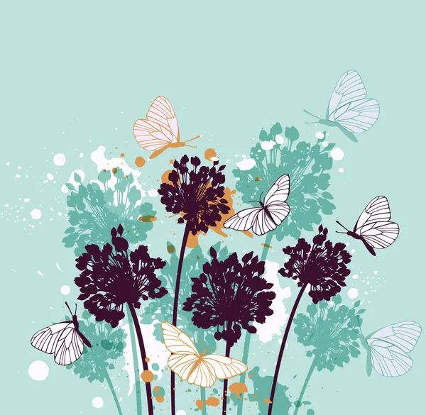 Fondo con mariposas y flores silvestres — Vector de stock