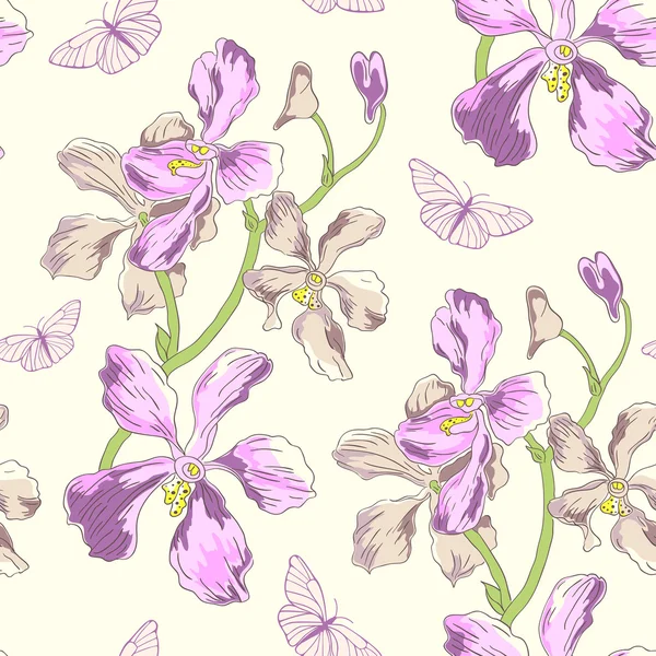 Patroon met orchideeën en vlinders — Stockvector