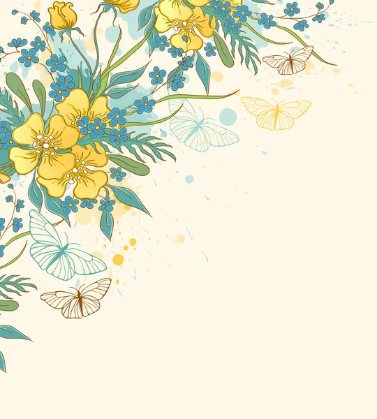 Flores amarillas y mariposas — Vector de stock