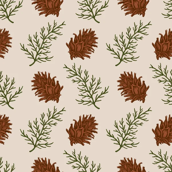 Vintage Christmas Seamless Pattern Green Cypress Branch Pine Cone Decorative — Stock Vector