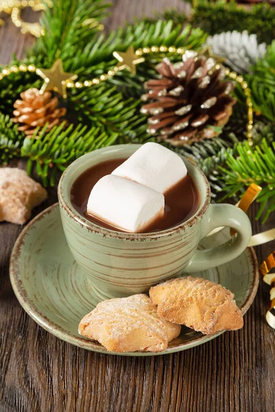 Horká Čokoláda Vánoční Tradiční Kakaový Nápoj Sladké Domácí Sušenky Dekorace — Stock fotografie