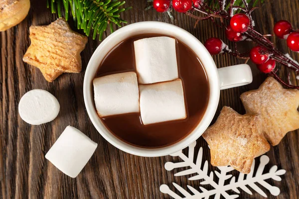 Chocolate Quente Bebida Cacau Com Marshmallow Uma Xícara Branca Biscoitos — Fotografia de Stock