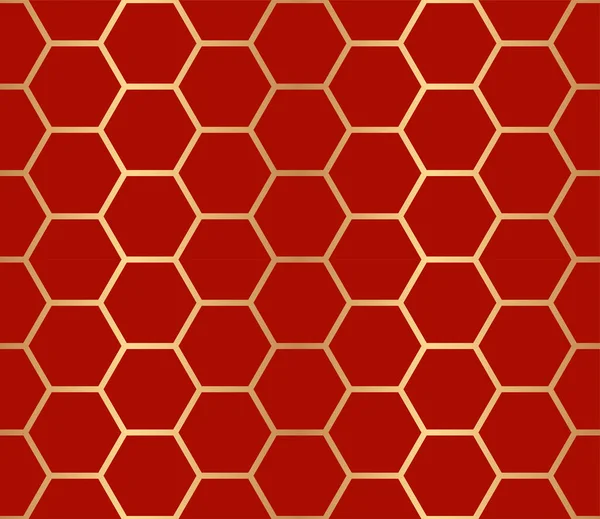 Hexágonos Dourados Geométricos Abstratos Decorativos Padrão Sem Costura Fundo Vermelho — Vetor de Stock