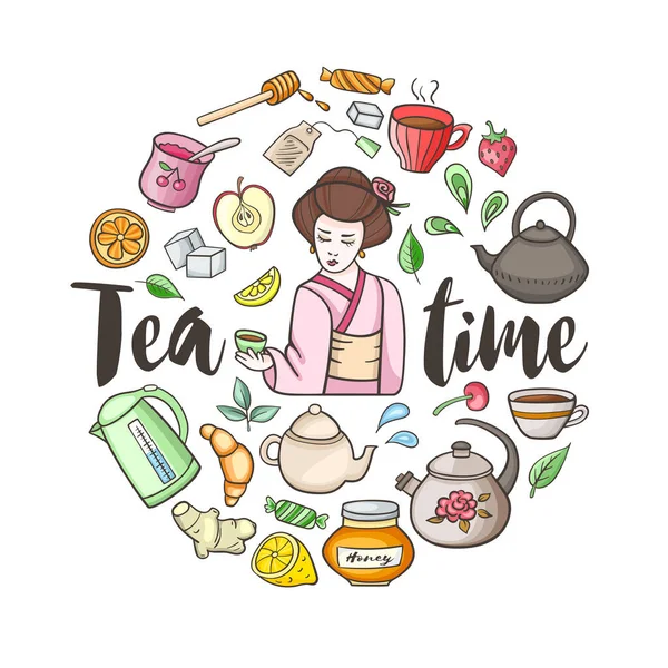 Στρογγυλό Φόντο Τσάι Και Γλυκά Εικονογράφηση Διανύσματος — Διανυσματικό Αρχείο