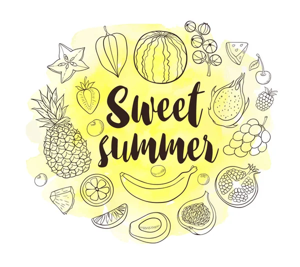 Fresh Summer Tropical Fruit Yellow Watercolor Background Healthy Eating Vegan — ストックベクタ