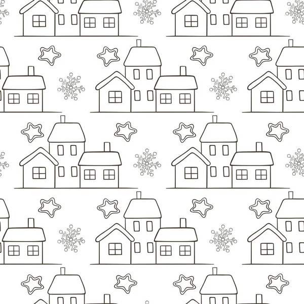 Festliches Weihnachtsmuster Mit Schneebedeckten Häusern Auf Weißem Hintergrund Handgezeichnete Doodle — Stockvektor