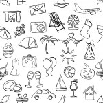 Summer, travel and beach sketch seamless pattern in black and white ...