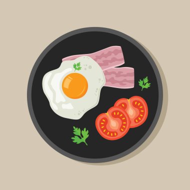 Siyah tabakta harika yemek. Kahvaltıda kızarmış yumurta, pastırma, domates ve maydanoz. Düz biçim vektör illüstrasyonu.