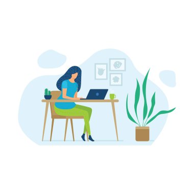 Bilgisayarda çalışan genç bir kadın. Masada oturan kadın. Ofisteki kadın. İnternette okuyan bir kız. Düz biçim vektör illüstrasyonu.