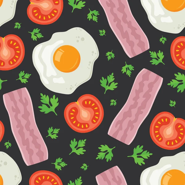 Fried egg, bacon, tomato and parsley. Seamless pattern with fried egg. Pattern with food a black background. — Vetor de Stock