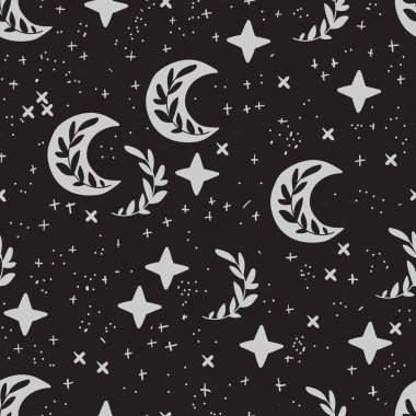 Fantezi kusursuz desen. Ay, yıldız ve yapraklarla vektör deseni. Beyaz arkaplanda siyah elementler.
