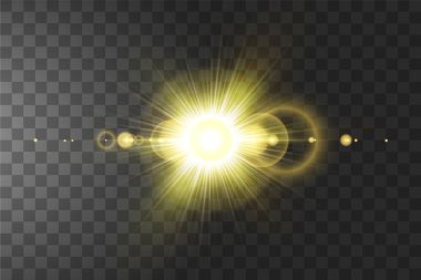 Vektör şeffaf güneş ışığı özel lens flare ışığı efekti. Saydam arka plan üzerinde izole güneş. Parlama ışık efekti