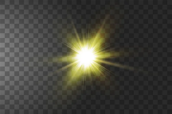 Strahlend Gelb Leuchtende Sonne Auf Transparentem Hintergrund Lichteffekt Vektorillustration — Stockvektor