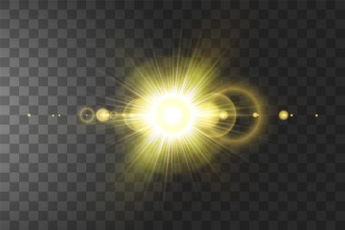 Vektör şeffaf güneş ışığı özel lens flare ışığı efekti. Saydam arka plan üzerinde izole güneş. Parlama ışık efekti.