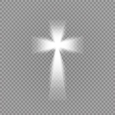 Parlak beyaz haç ve güneş ışığı özel lensler, şeffaf arkaplan üzerinde ışık efekti oluşturur. Parlayan aziz haçı. Vektör illüstrasyonu.