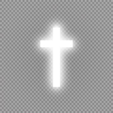 Parlak beyaz haç ve güneş ışığı özel lensler, şeffaf arkaplan üzerinde ışık efekti oluşturur. Parlayan aziz haçı. Vektör illüstrasyonu.