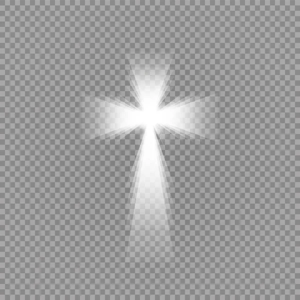 輝く白い十字と透明な背景に太陽の特別なレンズフレアライト効果 聖人の十字架を輝く ベクターイラスト — ストックベクタ