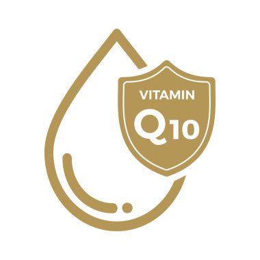 Vitamin Q10 simgesi Logo Altın Düşürme Kalkanı Koruma, Tıbbi arka plan Heath Vector illüstrasyonu