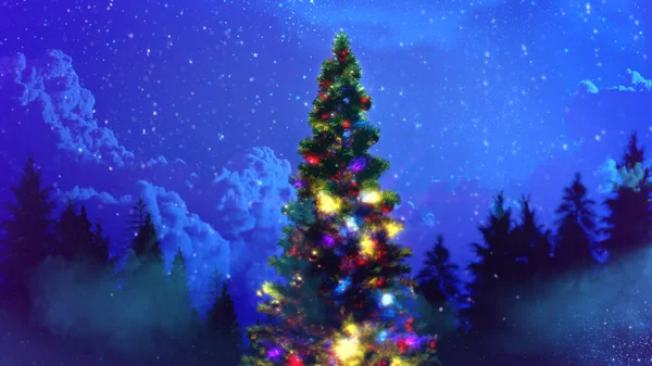 Árbol Navidad Decorado Bosque Nocturno Concepto Naturaleza Ilustración —  Fotos de Stock