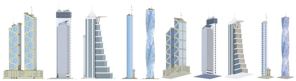 一套精致细致的具有虚构设计和蓝天反光的未来式高楼 独立的侧视图3D摩天大楼图解 — 图库照片